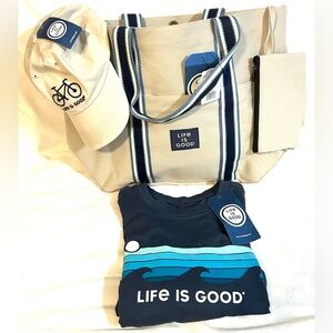 NEW…LIFE IS GOOD brand 4 PIECE SET. Shirt, Hat, Tote and small bag